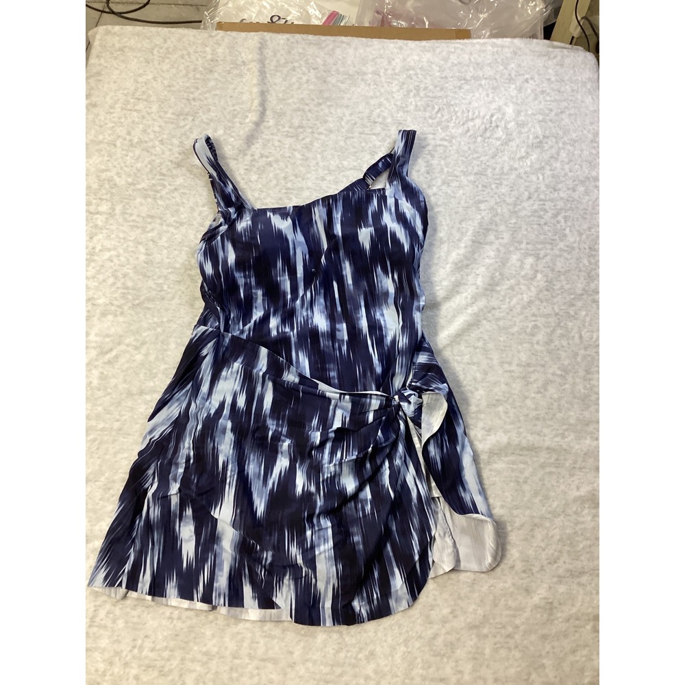 Anne Cole Womens XL Navy Blue Ikat Print Square Neck Swim Dress UPF 50 ACSD005‎